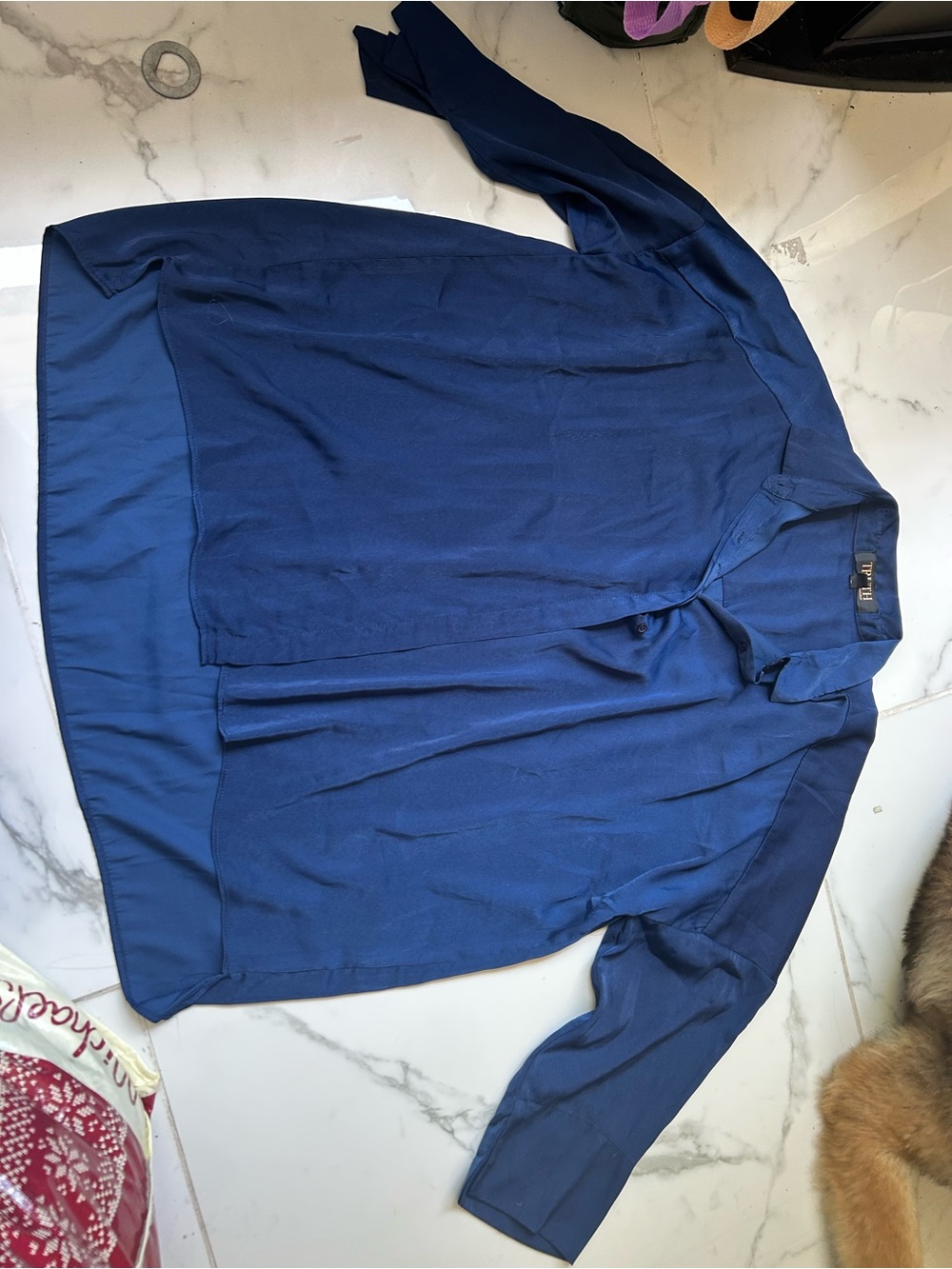 Silky Navy Button-Front Blouse - 3/4 Sleeve